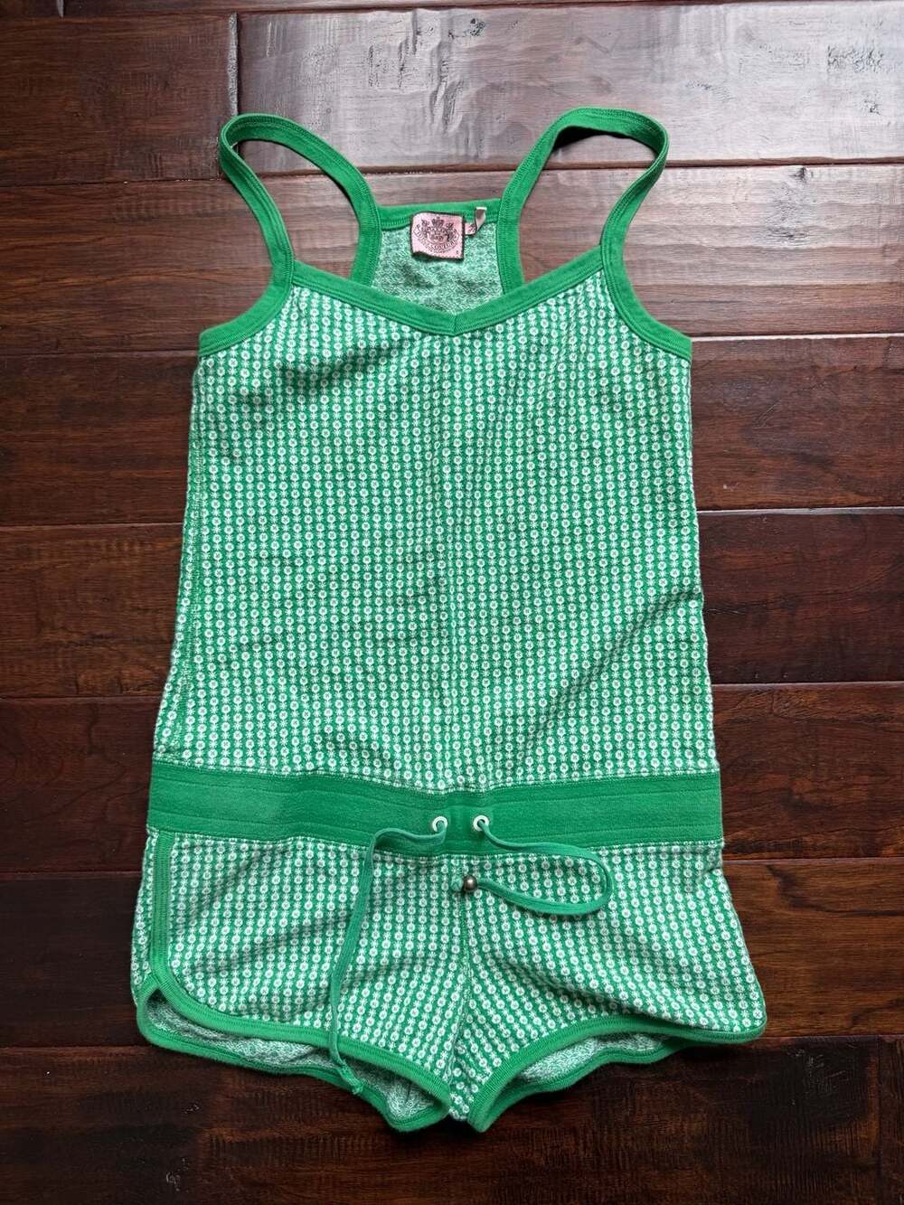 Vintage Juicy Couture Green Floral Eyelet Knit Tank Romper Size Small